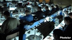 Armenia -- Workers at a diamond-processing plant near Nor Hajn.