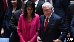 U.S. Secretary of State Rex Tillerson (right) and U.S. Ambassador to the UN Nikki Haley arrive for a Security Council meeting on North Korea at UN headquarters in New York on April 28.