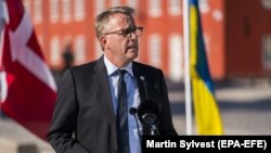 Danish Defense Minister Morten Bodskov speaks during a press conference about supporting Ukraine, in Copenhagen on August 10. 