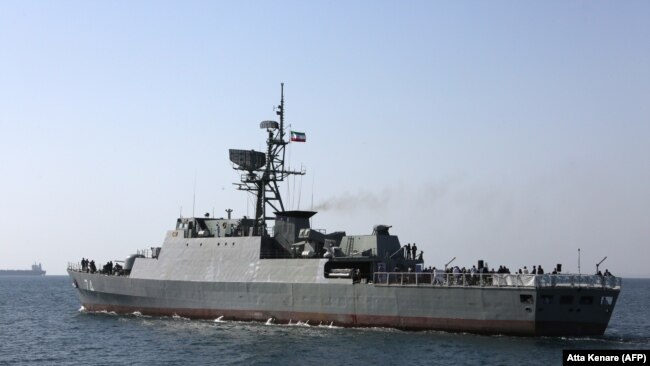 An Iranian Navy warship on maneuvers in the Strait of Hormuz in April 2019.