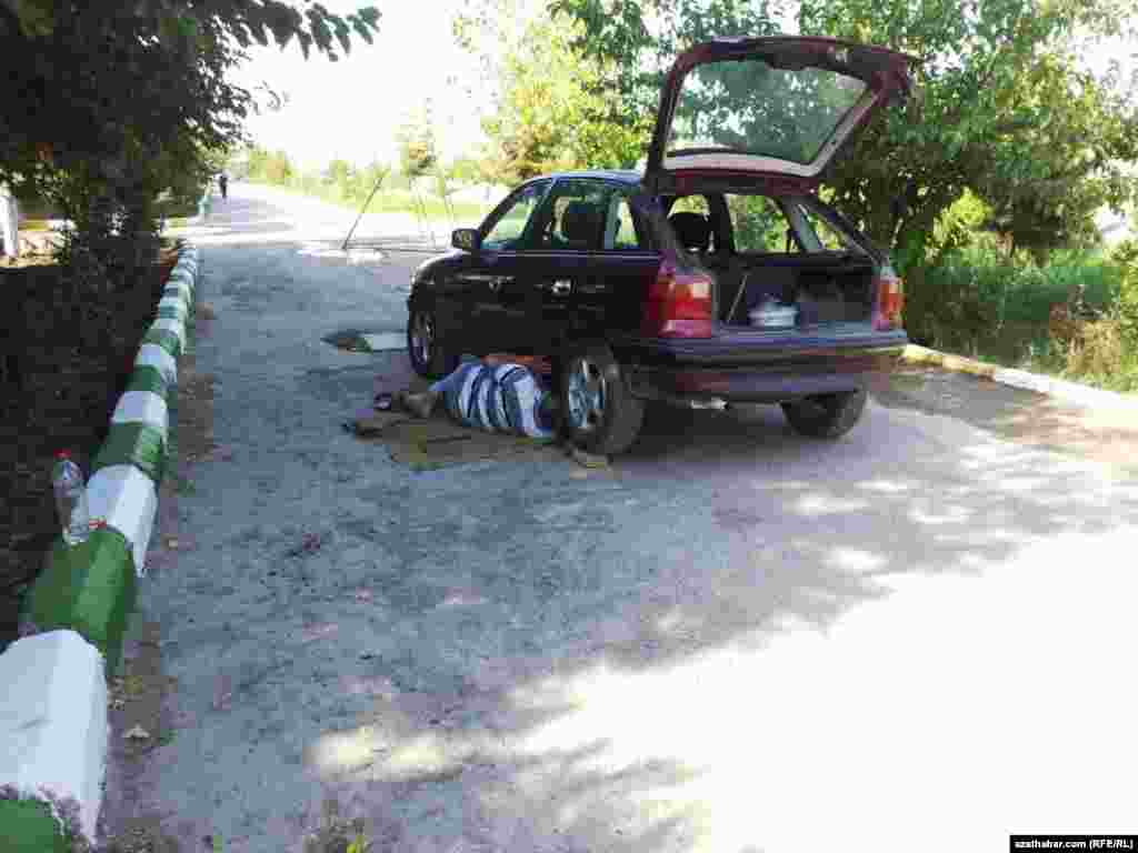 Bir adam ulagyny bejerýär