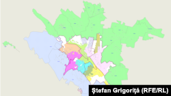 Harta circumscripiilor electorale din Chișinău, după adoptarea sistemului electoral mixt.