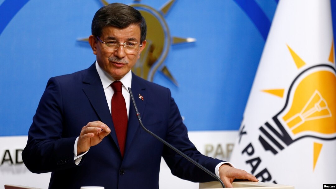 Turkish Prime Minister Ahmet Davutoglu speaks during a news conference at AKP headquarters in Ankara on May 5.