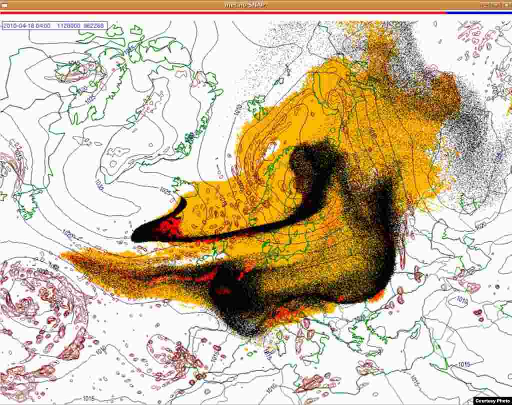 Projected spread of Icelandic ash cloud (18.4. 0400 UTC) - These images show a projection of the movement of the ash clouds from the Iceland volcanic eruption moving over Europe. The colors on the map represent: yellow: ash that has fallen by itself red: ash that has fallen by precipitation black: the actual ash cloud Source: Norwegian Meteorological Institute
