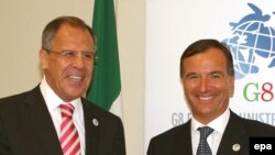 Italian Foreign Minister Franco Frattini (right) and his Russian counterpart Sergei Lavrov ahead of the G8 summit in Trieste.