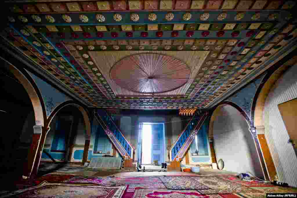 An ornately carved wooden ceiling