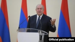 Armenia -- President Armen Sarkissian speaks during an official ceremony at the presidential palace in Yerevan.