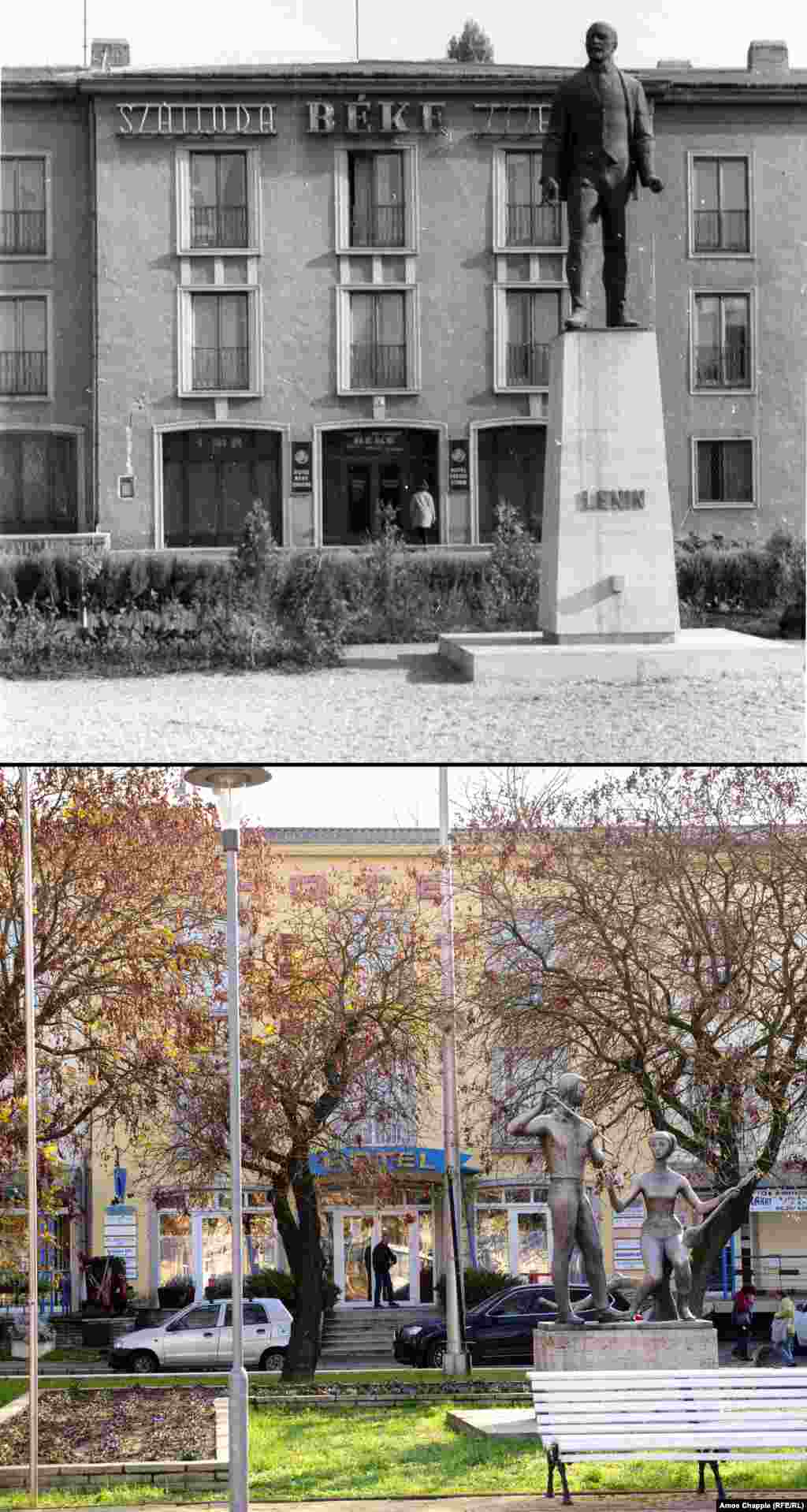 Komlo 1962-2019 Lenin overlooking a central square in Komlo (top). After the monument was pulled down, the site stood vacant until 2000 when a coal mine in the town closed down and a beloved monument to child musicians at the mine was brought in to fill the empty plinth. The toppled Lenin statue was initially housed in a local museum before being bought by a private collector.&nbsp;1962 photo: Fortepan/Magyar Pal &nbsp; 