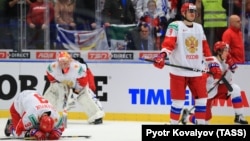 Russian players react after losing the junior Ice Hockey World Championships gold-medal match between Canada and Russia in January 2020. Russia's 2021 team and the team from the Czech Republic were removed from a plane on December 31 after a disturbance prior to departure from Calgary.