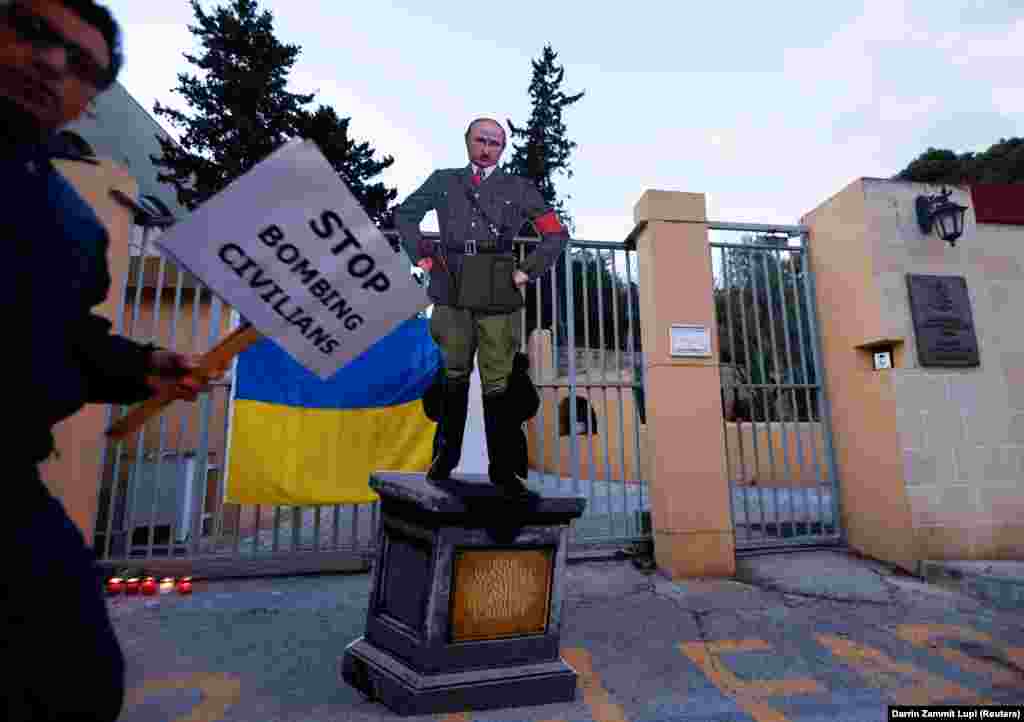 A caricature of President Putin outside the Russian Embassy in Kappara, Malta, in March 2022.