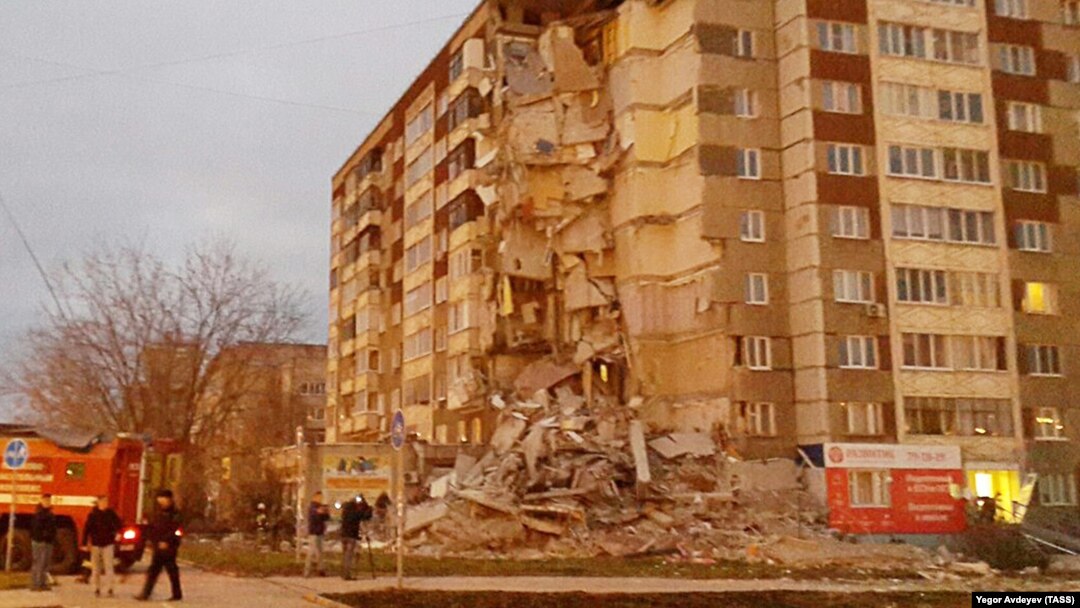 In all, 32 apartments were destroyed in a suspected gas blast in Izhevsk. 