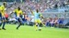 Ghanaian Patrick Twumasi (right) of FC Astana crosses the ball during a game against HJK Helsinki in Astana on August 5.