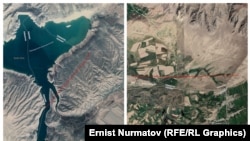 Слева - водохранилище Керкидан, справа - участок возле села Гулбаар. Белая полоса - кыргызско-узбекская граница, красная полоса - обменные участки. Коллаж сделан на основе скриншотов Google карты.