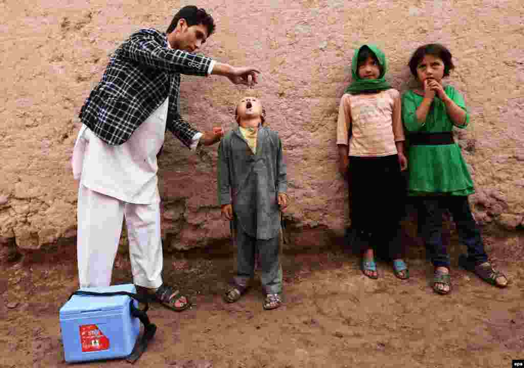 A health worker administers a polio vaccine to a child in the Enjil district of Herat, Afghanistan. (epa/Jalil Rezayee)