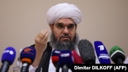 Taliban negotiator Shahabuddin Delawar addresses a press conference in Moscow on July 9.