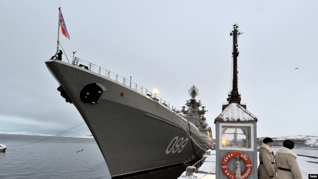 The "Peter the Great" nuclear-powered missile cruiser at the Severomorsk naval base. 