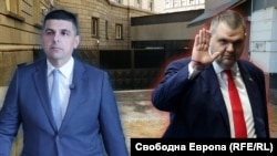 Колаж на съпредседателят на "Да, България" Ивайло Мирчев и председателят на "ДПС-Ново начало" Делян Пеевски и снимка на входа за автомобили на сградата на бившия Партиен дом към площад "Желю Желев".