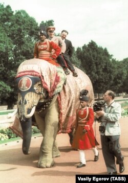 Индия. Январь 1957 г. Маршал Советского Союза, министр обороны СССР Г.К. Жуков (в центре) на слоне.