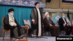 از چپ: علی خامنه‌ای، ابراهیم رئیسی، غلامحسین محسنی اژه‌ای و محمدباقر قالیباف