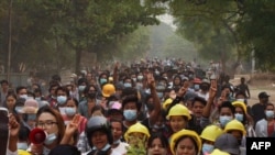 BURMA/MYANMAR - Protesters taking part in a demonstration against the military coup in Monywa, Sagaing region, March 29, 2021