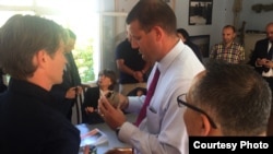 Nagorno-Karabakh - A representative of the HALO Trust briefs U.S. congressman David Valadao (C) on its demining activities in Karabakh, 18Sep2017. (Photo by the Amenian National Committee of America.)