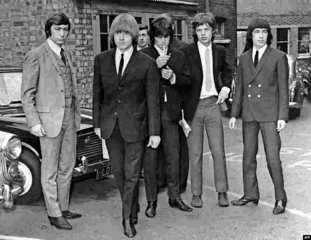 Charlie Watts (left), Brian Jones, Keith Richards, Mick Jagger, and Bill Wyman in London in 1965, the year that the band really found its voice with the singles "The Last Time" and "(I Can't Get No) Satisfaction."