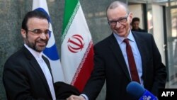 IAEA Deputy Director General and head of the Department of Safeguards Tero Varjoranta (right) with Iran's ambassador to the IAEA Reza Najafi at a February 9 meeting