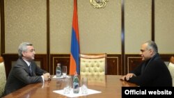 Armenia -- President Serzh Sarkisian meets official runner-up of Armenia’s presidential election, Raffi Hovannisian, at the presidential palace, 21Feb2013 