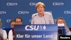 Cacelara Angela Merkel la Munchen, în cursul unui miting electoral, 28 mai 2017
