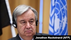 SWEDEN -- United Nations' Secretary General Antonio Guterres holds a press conference following the Yemen peace consultations taking place at Johannesberg Castle in Rimbo, north of Stockholm, December 13, 2018