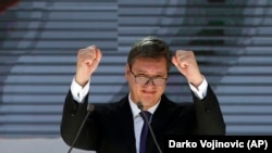 Serbian President Aleksandar Vucic gestures during a rally in the northern, Serb-dominated part of Mitrovica, Kosovo, on September 9. 