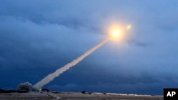 This screen shot purportedly shows a test launch in 2018 of what President Vladimir Putin said was the country's new nuclear-powered Burevestnik intercontinental cruise missile. 