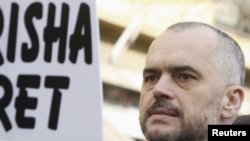 The leader of Albania's opposition Socialist Party, Edi Rama, during an antigovernment protest in Tirana on February 4