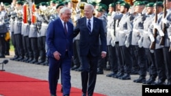 German President Frank-Walter Steinmeier (left) welcomes U.S. President Joe Biden at Bellevue Palace in Berlin on October 18.