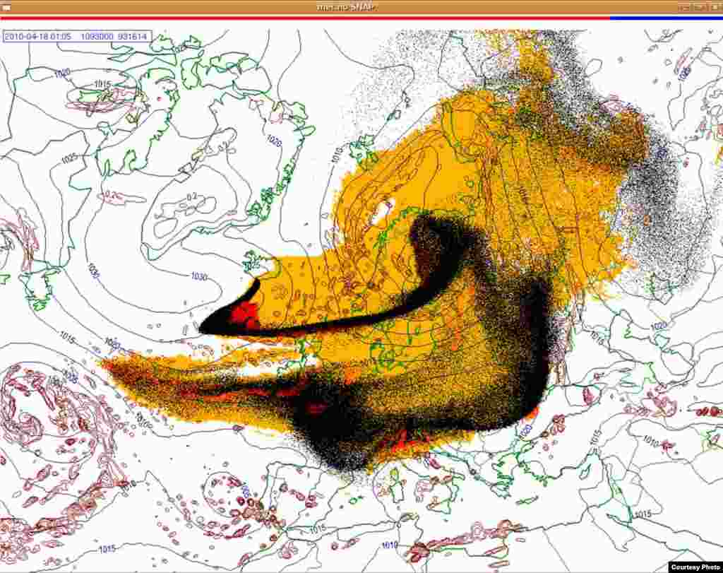 Проектирано движење на исландскиот облак од пепел(18.4. 0100 UTC) - Овие слики покажуваат проекција на движењето на облаците пепел од вулканска ерупција на Исланд низ Европа. Боите на сајтот претставуваат: жолто: пепел што ќе падне сам по себе црвено: пепел што ќе падне од врнежи црна: вистинскиот облак со пепел облак Извор: Норвешки Метеоролошки Институт