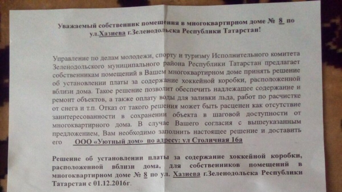 Исполком Зеленодольска предлагает горожанам платить за хоккейные коробки