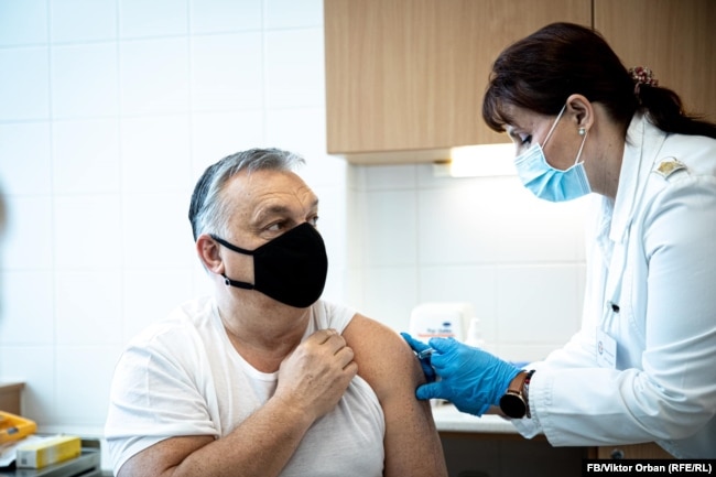 Hungarian Prime Minister Viktor Orban gets inoculated with the Chinese Sinopharm vaccine in February.