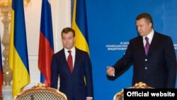 Ukrainian President Viktor Yanukovych (right) meets with his Russian counterpart Dmitry Medvedev in Kyiv on May 17.