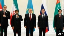Participants in the Caspian regional summit in Baku on November 18 included the Azerbaijani, Iranian, Kazakh, Russian, and Turkmen presidents (left to right).