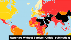در شاخص آزادی رسانه‌ها در جهان، کشورها در پنج وضعیت خوب (سفید)، رضایت‌بخش (زرد)، نیمه‌دشوار (نارنجی)، دشوار (قرمز) و بسیار وخیم (سیاه) رده‌بندی شده‌اند