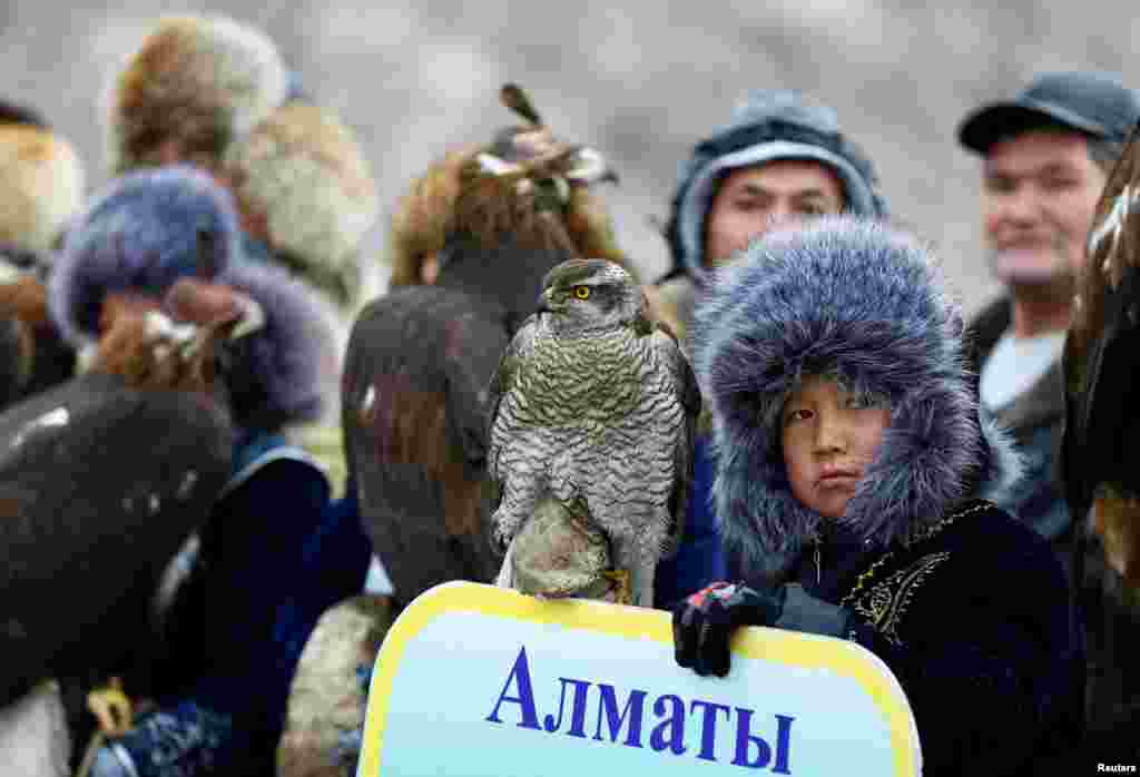 Этот юный беркутчи пришел на соревнования с ястребом.