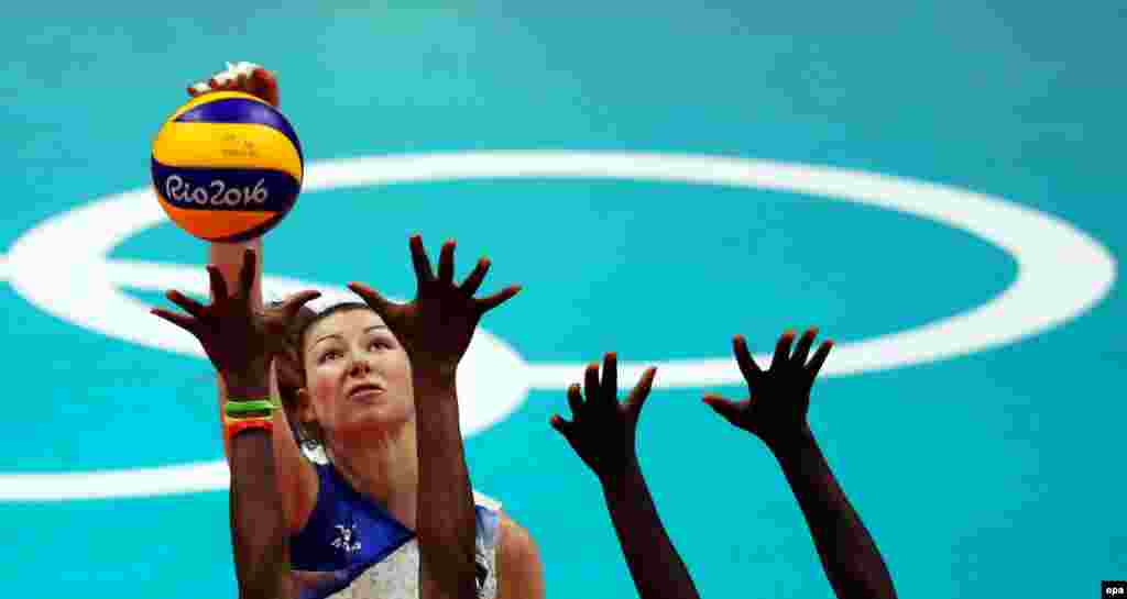 Irina Zaryazhko of Russia in action during a women&#39;s volleyball preliminary round match between Russia and Cameroon.