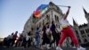 Demonstrators protest in Budapest in June against Hungarian Prime Minister Viktor Orban and a new anti-LGBT law. 