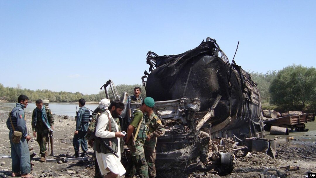 The site of a NATO air strike that destroyed two fuel tankers hijacked by the Taliban in northern Konduz Province