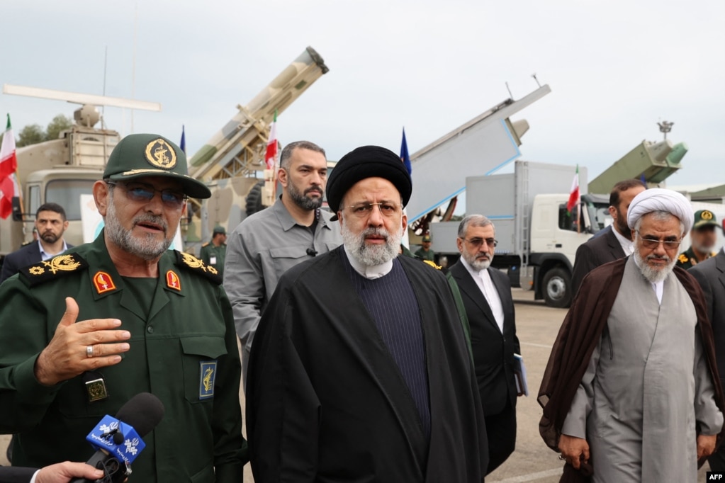 Iranian President Ebrahim Raisi (center) visits the Iranian Revolutionary Guards Corps navy base in Bandar Abbas, southern Iran, on February 2.