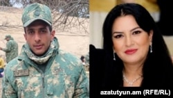 Azerbaijani solder Nasimi Musayev and Shaki village resident Ani Avetisian.