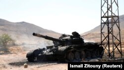 A destroyed tank belonging to the eastern forces led by Khalifa Haftar in Gharyan, south of Tripoli, Libya. 