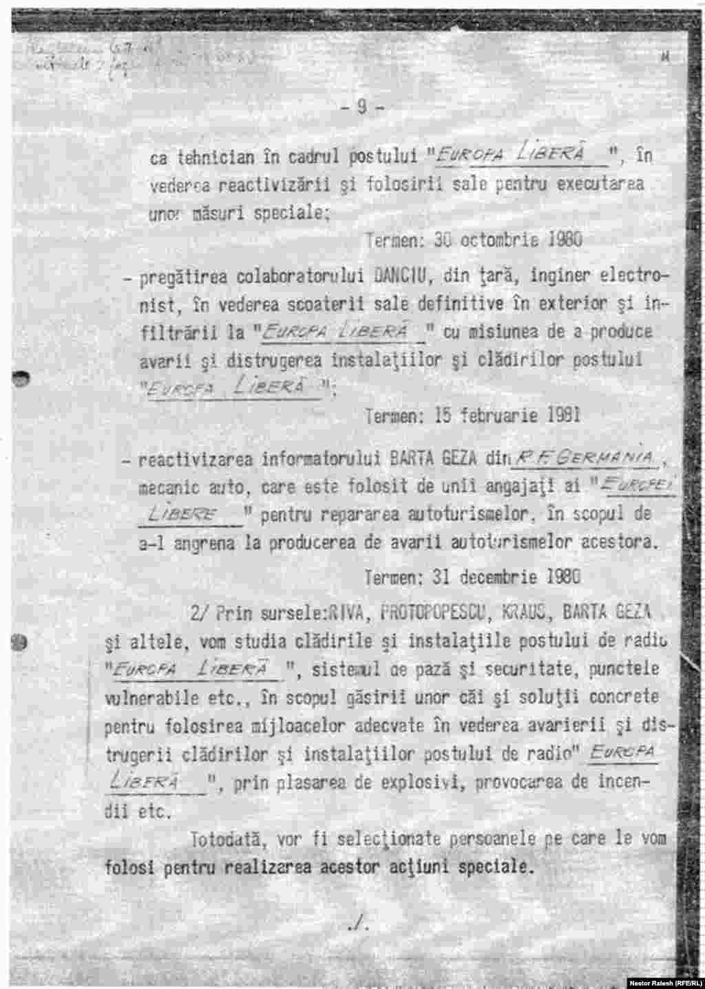 Romania, former Securitate document detailing violent measures to be taken in the 1980s against RFE/RL&#39;s Romanian department director at the time Noel Bernard, 9th page