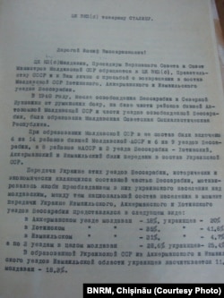 Fragment din scrisoarea conducerii RSSM către I. Stalin (Arhiva Personală - OȚ)