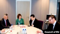 Hashim Thaci, Catherine Ashton, Ivica Dačić i Aleksandar Vučić u Briselu 27. januara 2014. godine